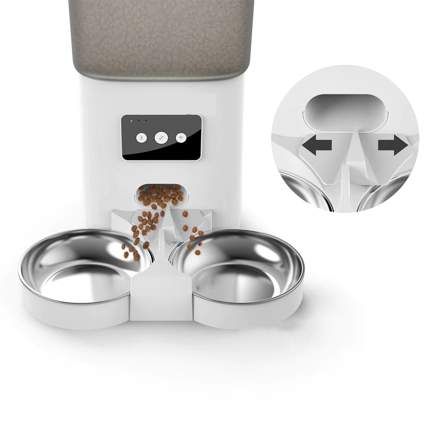 Pet feeder with two bowls and a top compartment on a white background