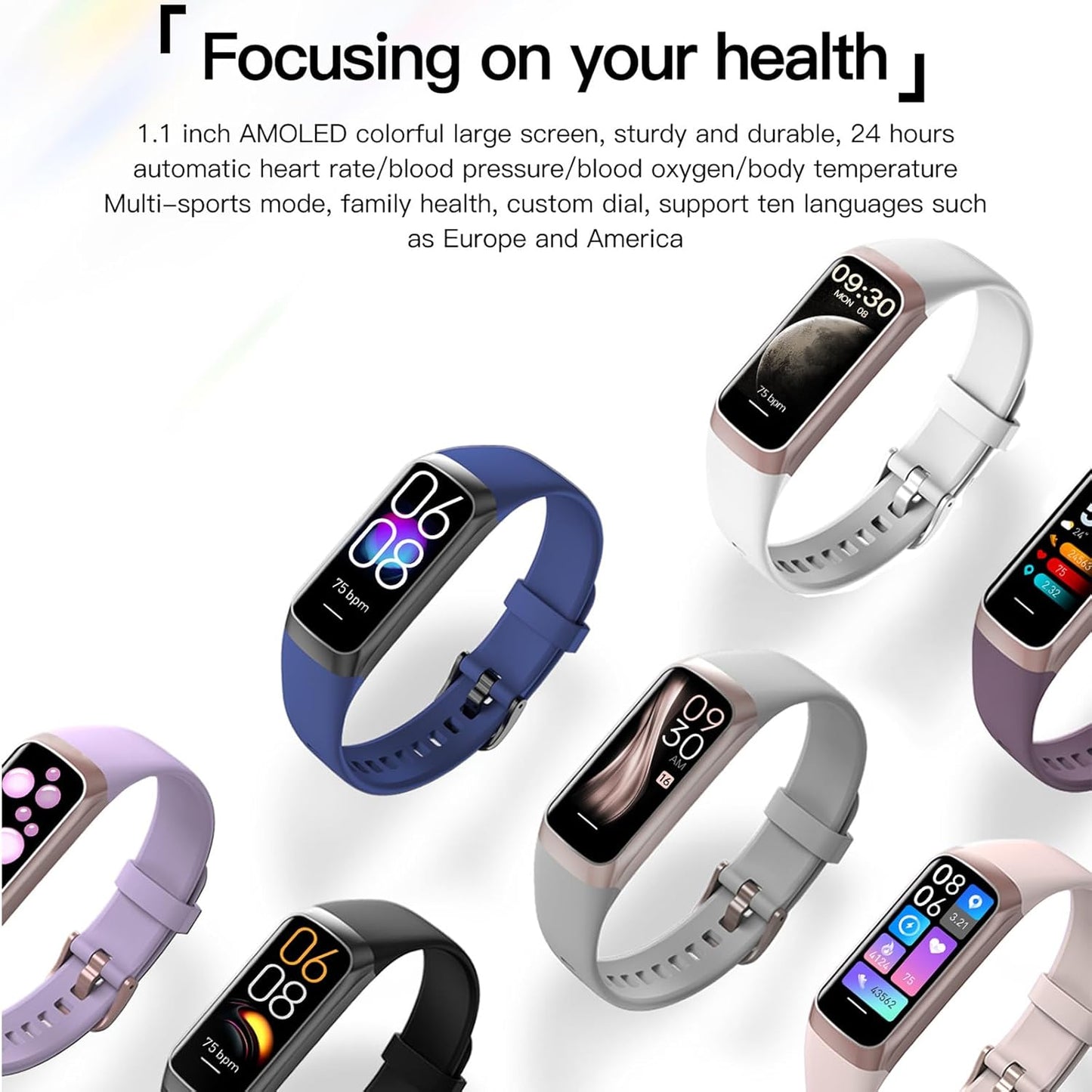 Smart Fitness Tracker Watch for Men & Women - AMOLED Display, Heart Rate & Blood Pressure Monitor, Step Counter, Waterproof, Compatible with Android & iOS