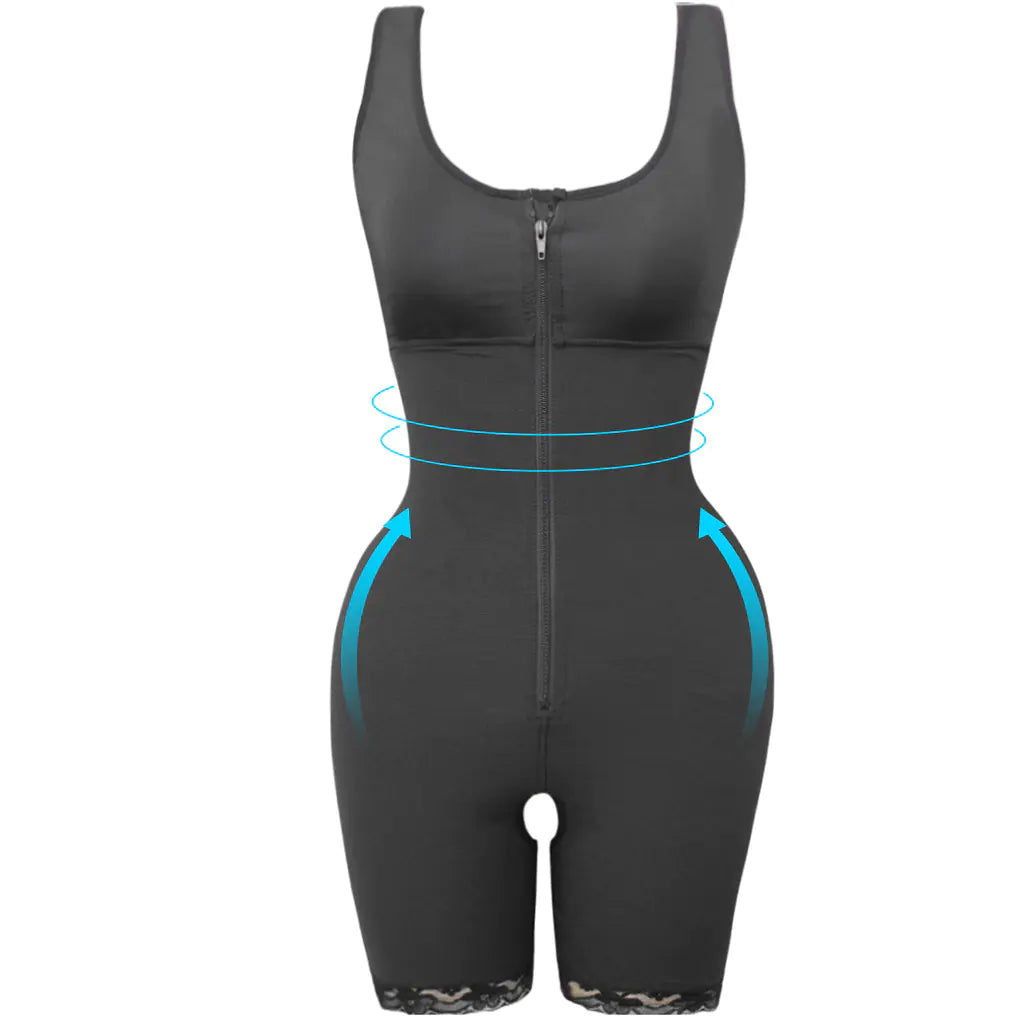 Black shapewear bodysuit with blue accent on a white background
