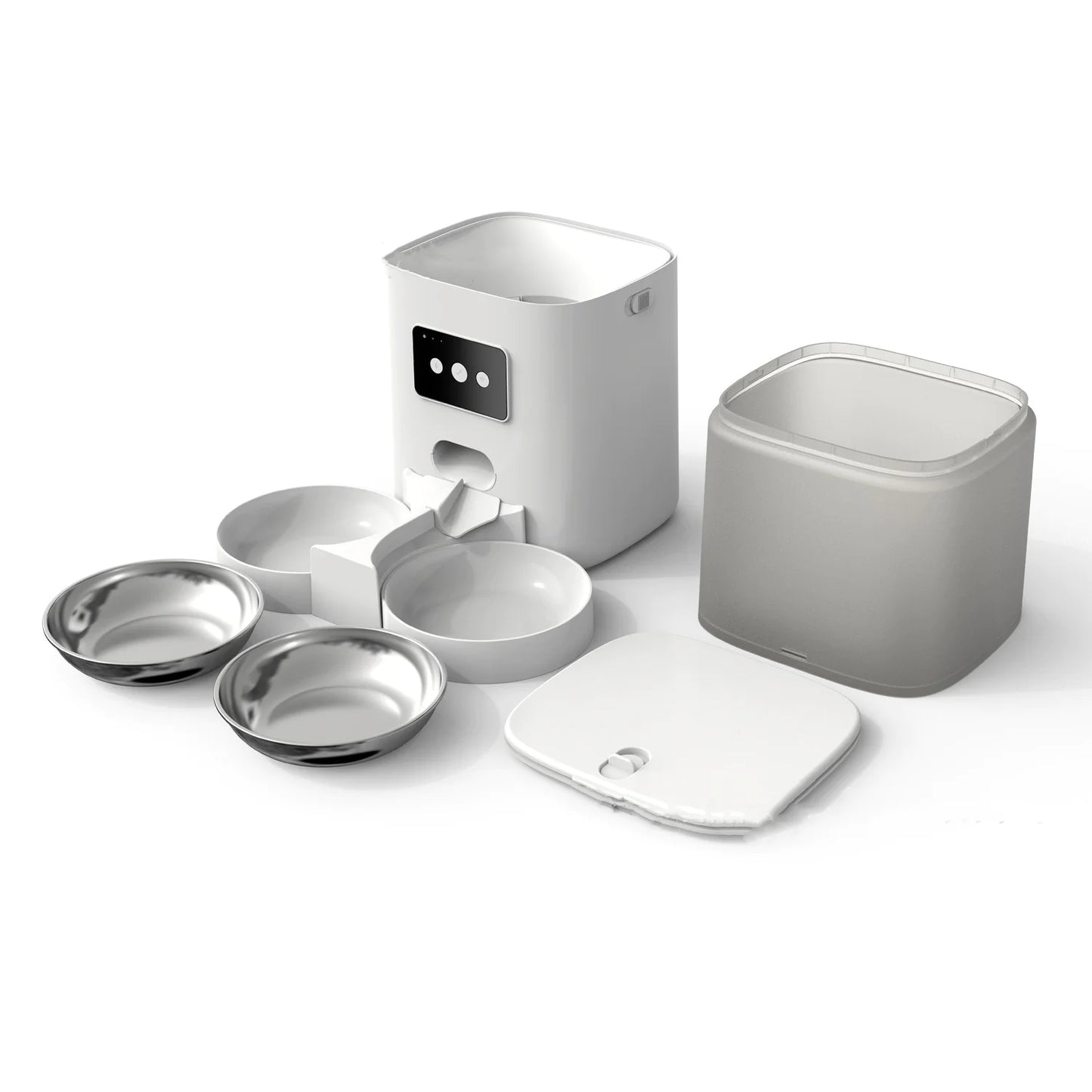 Set of white pet bowls and feeder on a white background