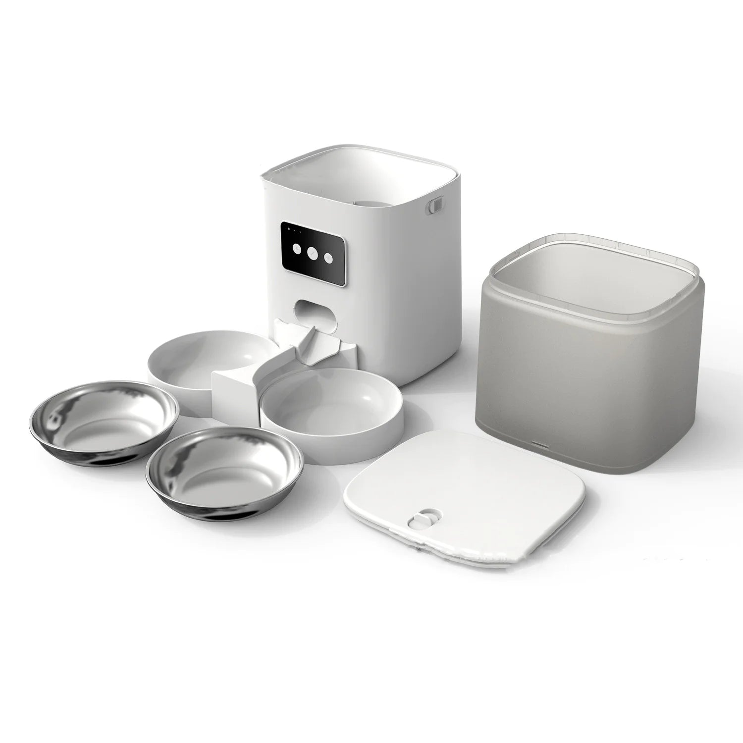 Set of white pet bowls and feeder on a white background