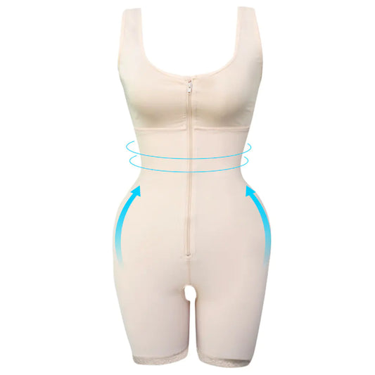 Beige shapewear with blue lines on a white background