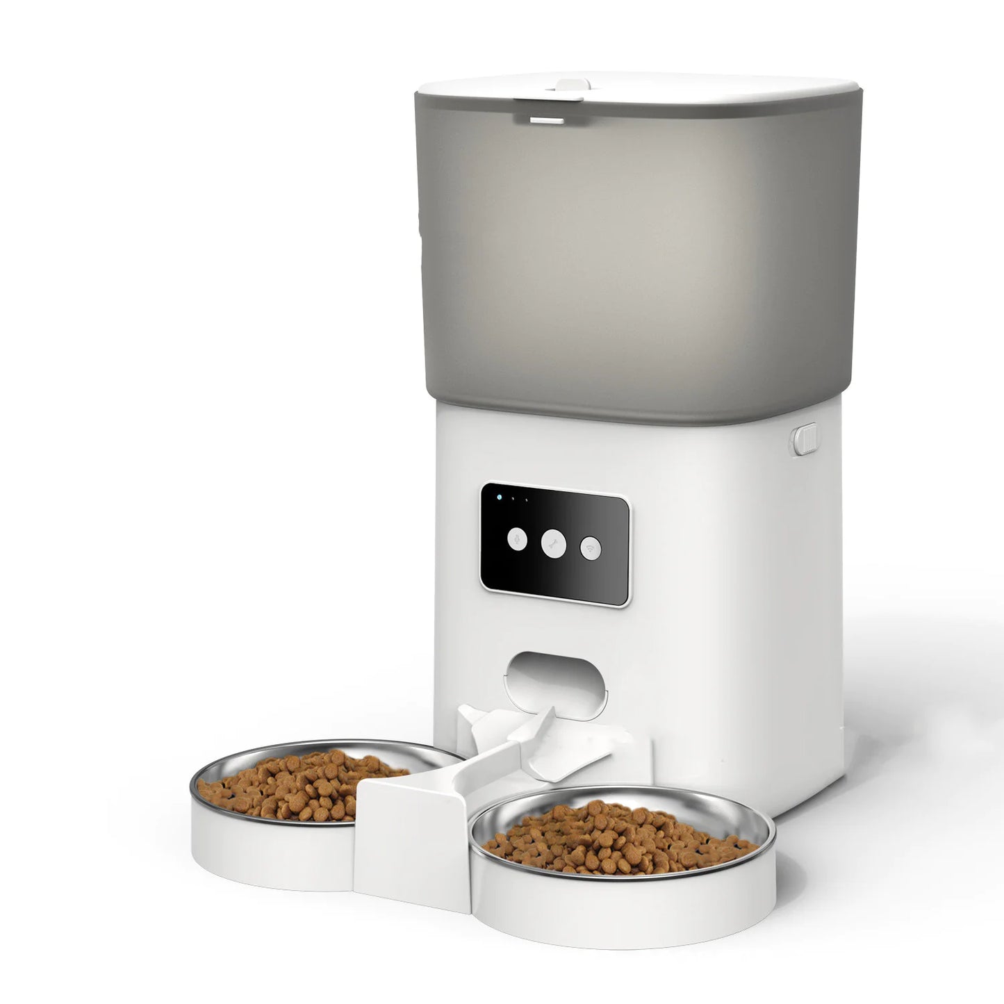 White pet food dispenser with two bowls of kibble on a white background