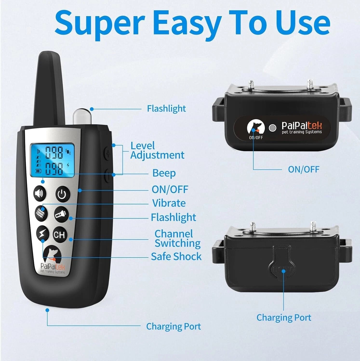 Dog training device with control panel and receiver, labeled features on a light blue background.