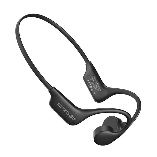 Black wireless earbuds with a strap on a white background