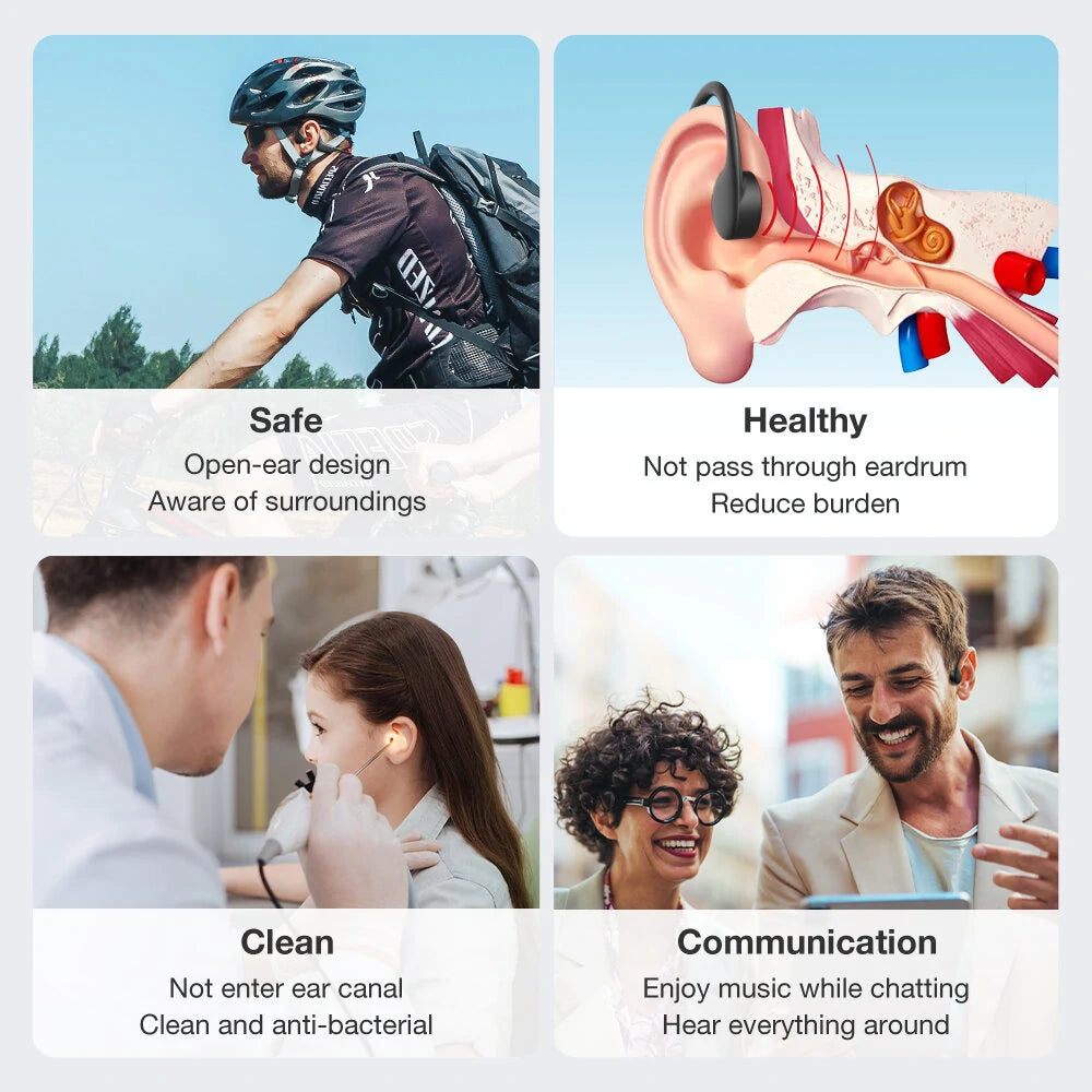 Product features with images of a person cycling, an ear diagram, people interacting, and text describing safety, health, cleanliness, and communication benefits.