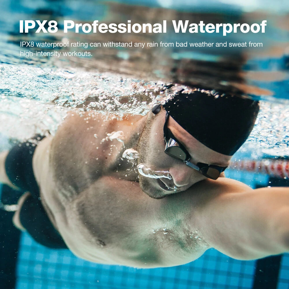 Person swimming underwater with IPX8 waterproof text overlay