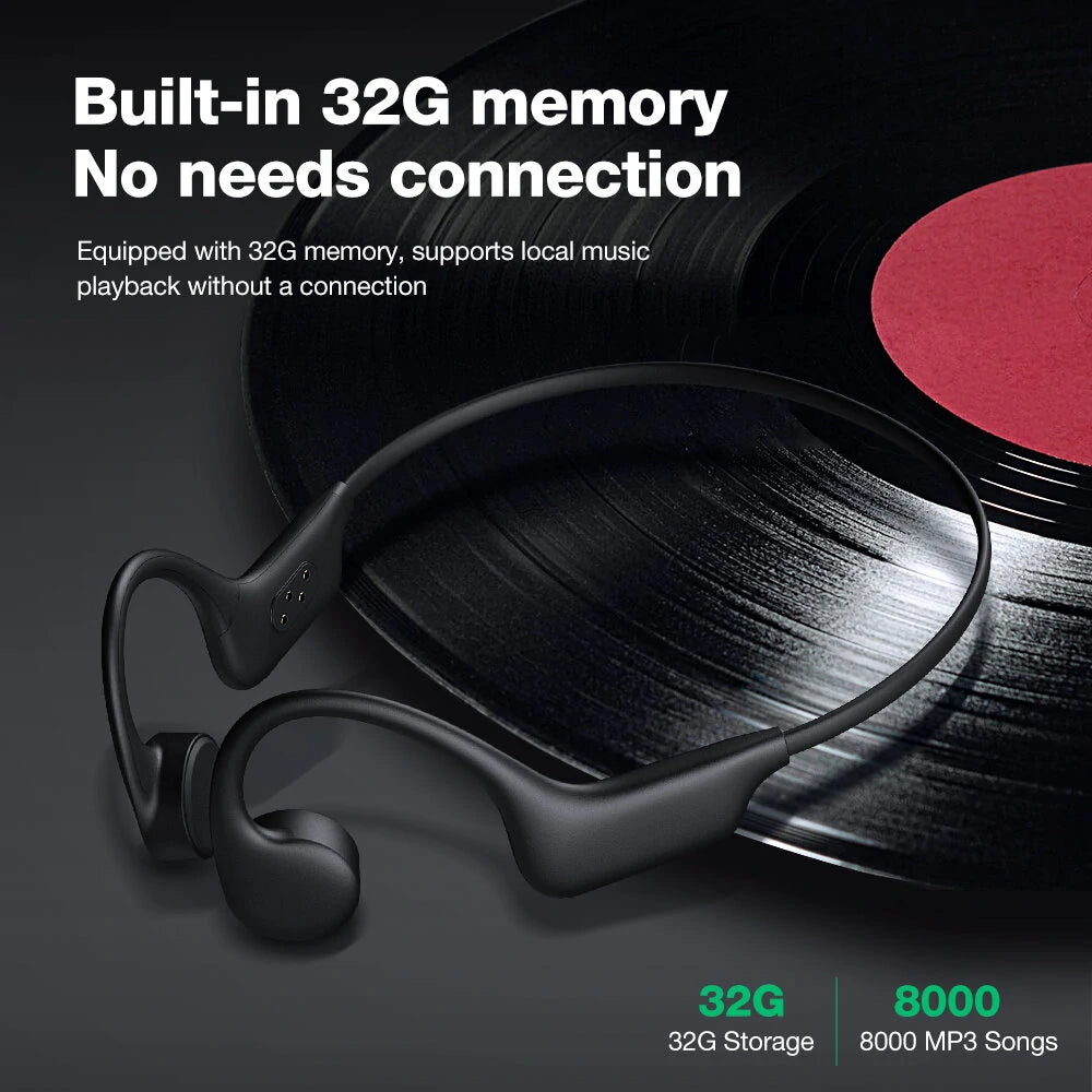 Black wireless earbuds with text about built-in 32G memory and local music playback.