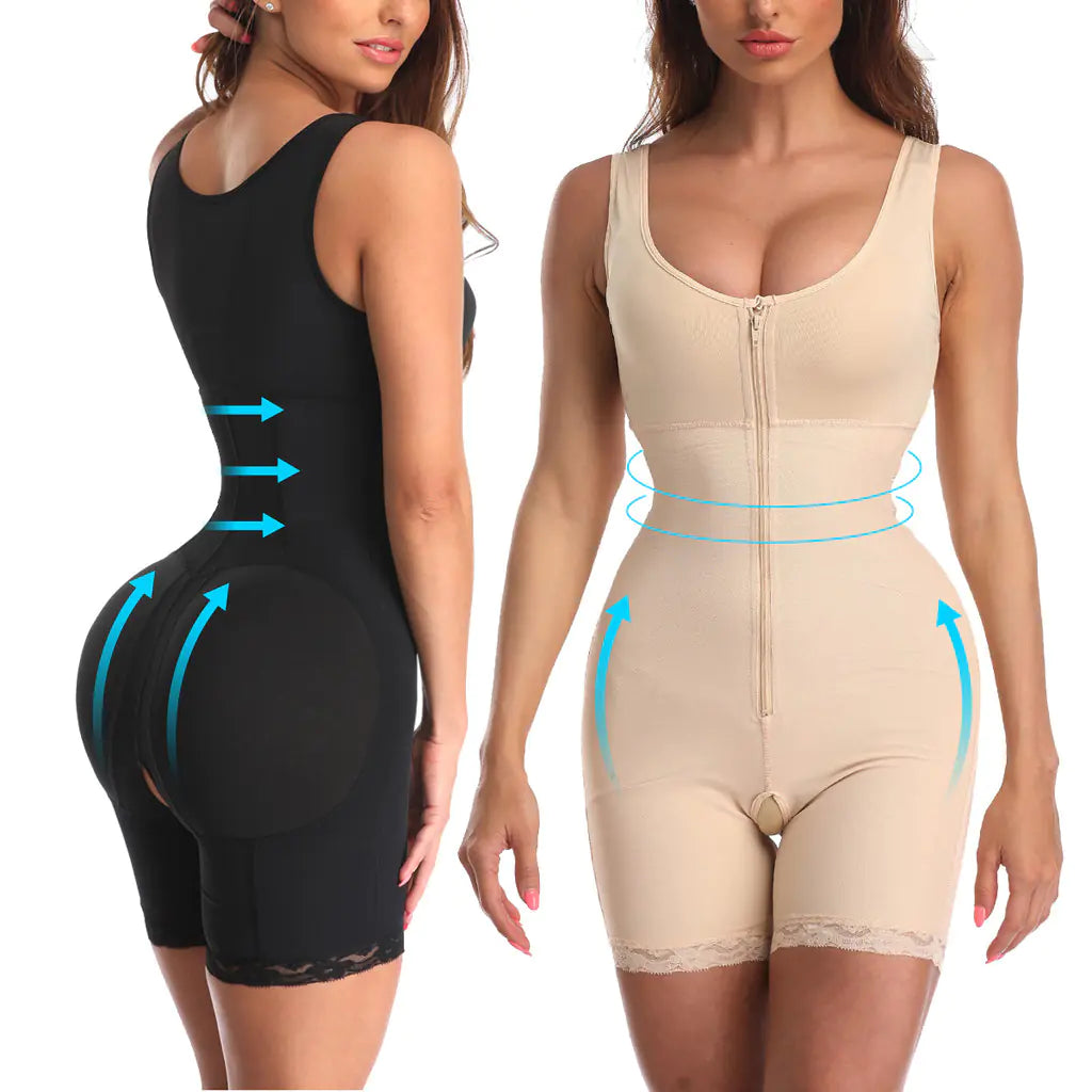 Black and beige shapewear bodysuits with blue arrows indicating areas of focus on a white background.