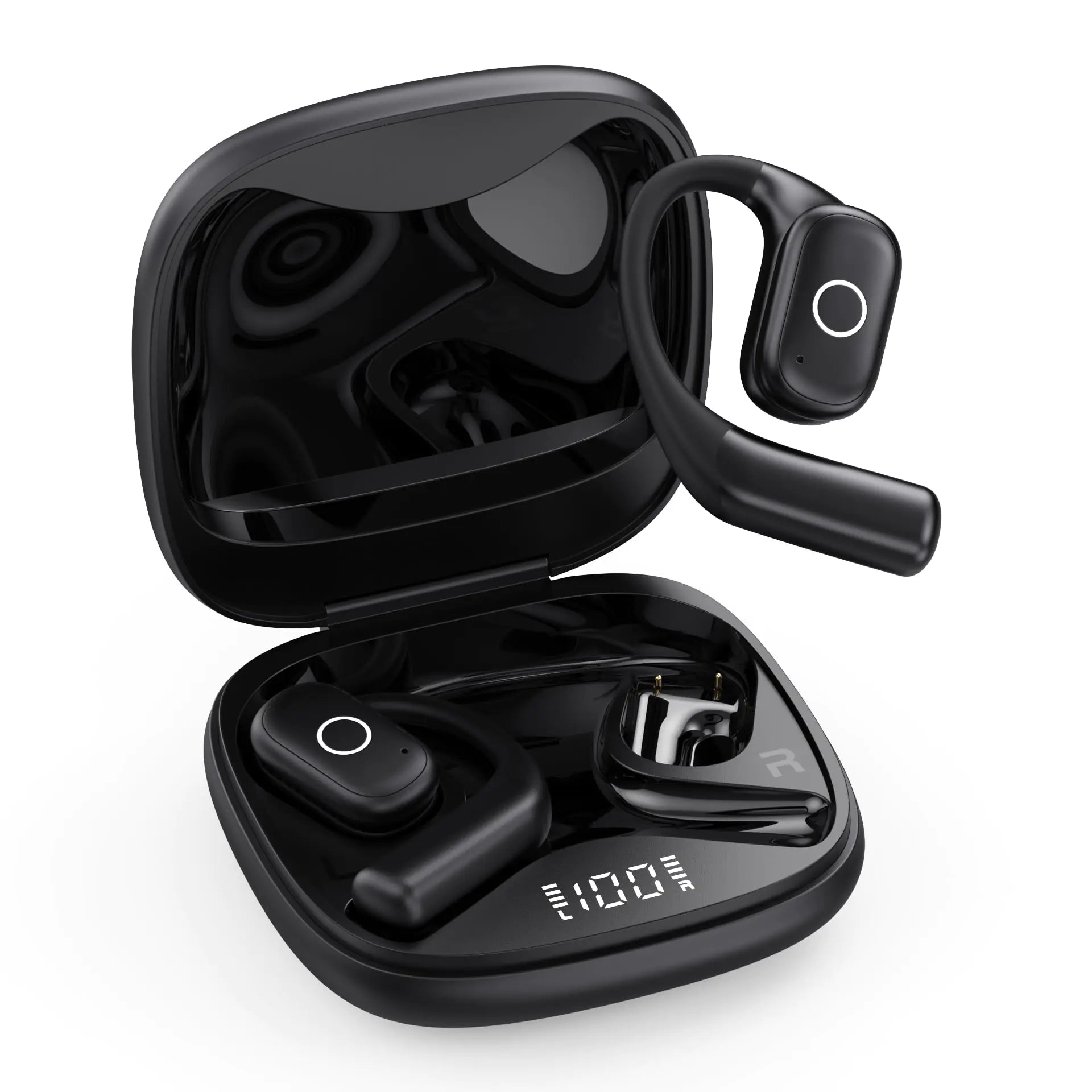 Black wireless earbuds with charging case on a white background