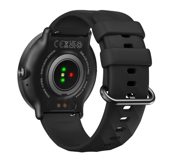 Black smartwatch with a detailed back view on a white background