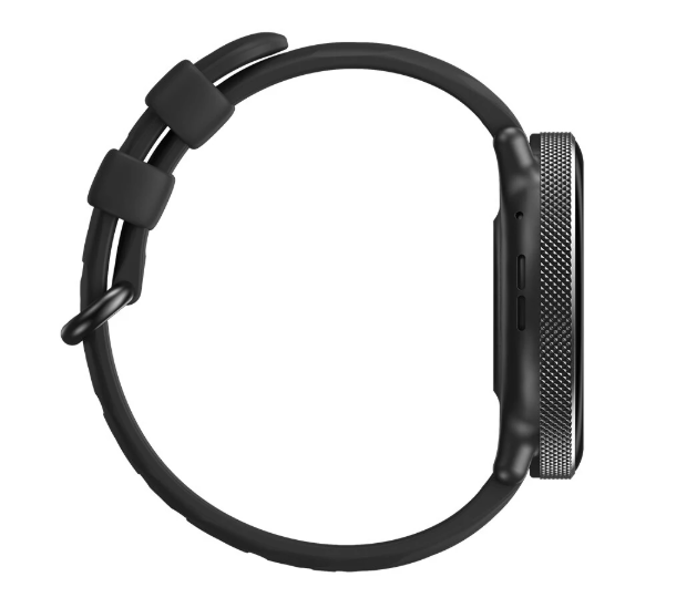 Black smartwatch with a textured band on a white background