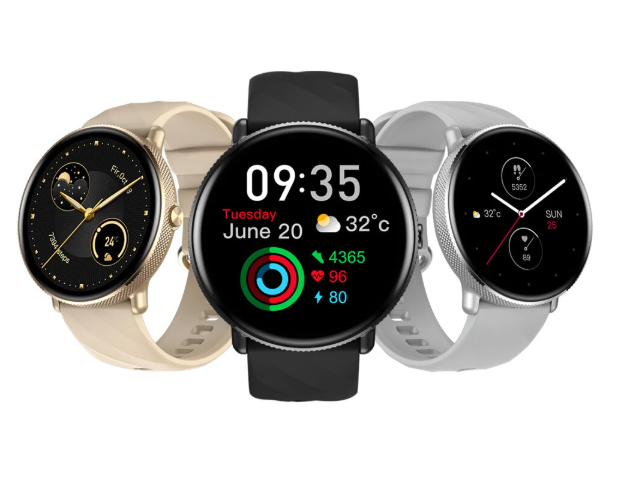 Three smartwatches with different design and color options on a white background