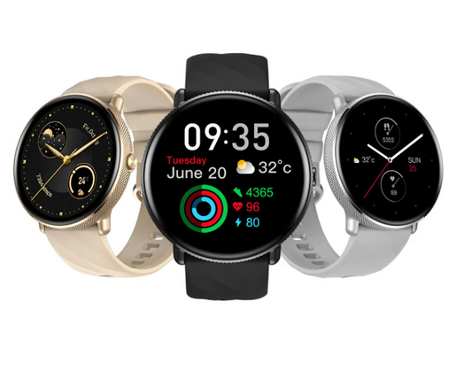 Three smartwatches with different design and color options on a white background