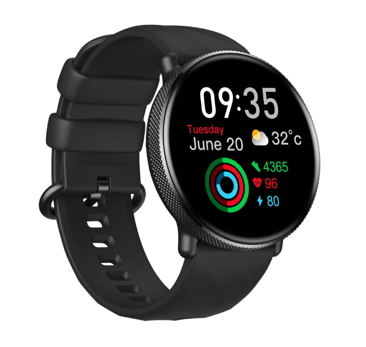 Black smartwatch with a digital display on a white background
