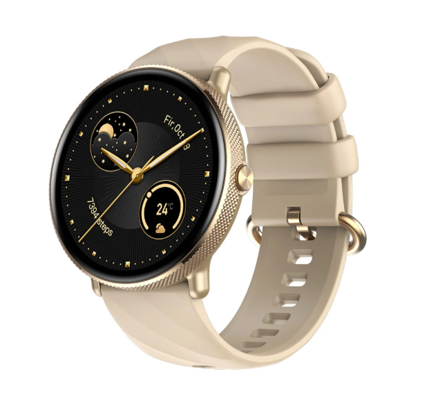 Smartwatch with a beige strap on a white background